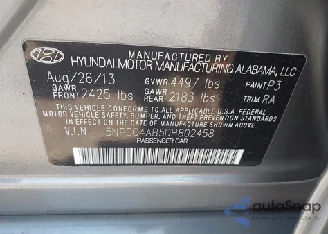 2013 Hyundai Sonata Se 2.0T из США, поврежденный, VIN 5NPEC4AB5DH802458